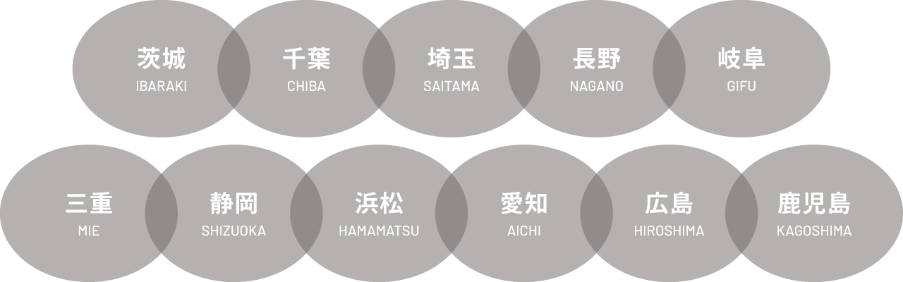 茨城、千葉、埼玉、神奈川、長野、岐阜、静岡、愛知、広島、鹿児島