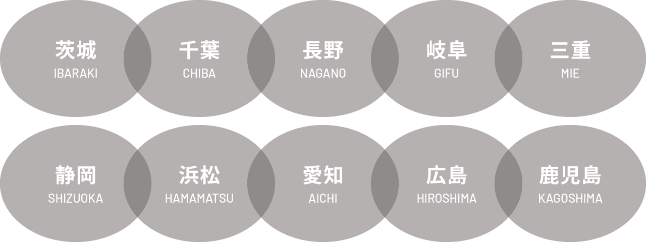 茨城、千葉、埼玉、神奈川、長野、岐阜、静岡、愛知、広島、鹿児島